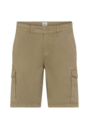 Khaki krótkie spodenki typu cargo z przednim guzikiem i suwakiem, szlufkami na pasek, kieszeniami bocznymi oraz klapkowymi na obu udach.