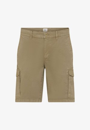 Khaki krótkie spodenki typu cargo z przednim guzikiem i suwakiem, szlufkami na pasek, kieszeniami bocznymi oraz klapkowymi na obu udach.