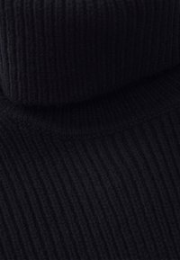 Black ribbed knit fabric, featuring a high collar design with vertical texture and soft appearance, showcasing a thick, cozy construction.