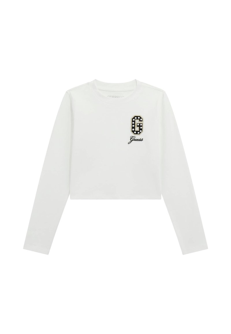 Witte lange mouwen cropped t-shirt met een zwart-wit versierd logo "G" en "Guess" in een sierlijk lettertype onder het logo. Glad van stof.