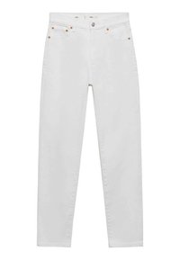 Jean skinny blanc taille haute avec fermeture par boutons devant, passants de ceinture et design cinq poches sur fond uni.