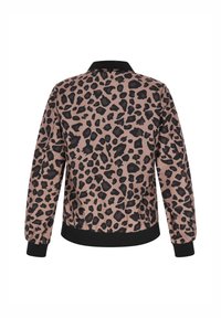Giacca bomber con stampa leopardata in morbido tessuto, con colletto e polsini a coste neri, e vita elasticizzata per una vestibilità aderente.