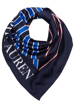 Écharpe en soie bleu marine pliée, avec le texte blanc "Lauren", des rayures bleues et blanches, et de fines rayures rouges et blanches en accents.