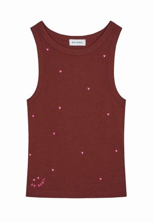 Rostfarbener Baumwoll-Top mit gerippter Textur. Verfügt über verstreute pinke Herzstickereien und ein Logo am Saum, runden Ausschnitt und ärmelloses Design.