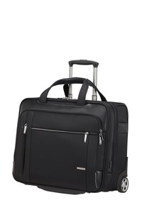 Valigetta nera con ruote dal design elegante, tasche con zip, manici doppi e manico retrattile. Realizzata in materiale resistente con una texture liscia.