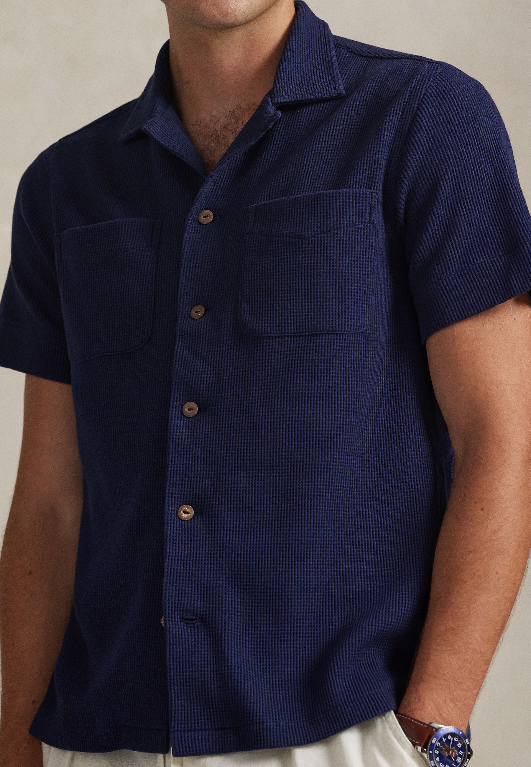 Polo Ralph Lauren WAFFLE-KNIT COTTON-LINEN CAMP SHIRT - Hemd