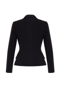 Black tailored blazer with long sleeves, structured shoulders, and side slit details, shown from the back on white background.