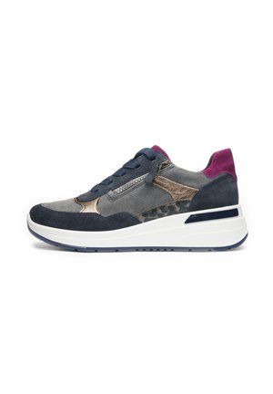 Low-top sneaker with mixed blue, grey, and purple suede, side zipper, metallic accents, and thick white sole with dark blue tread.