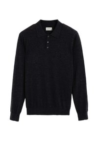 Suéter polo de manga larga en un azul marino oscuro, hecho de material suave, con un cuello clásico, tapeta de tres botones y puños de canalé.