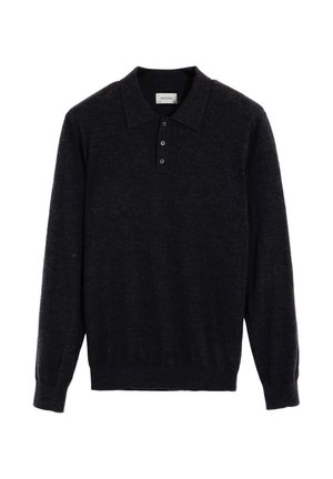 Dunkelblauer Langarm-Polo-Pullover aus weichem Material, mit klassischem Kragen, Drei-Knopf-Leiste und gerippten Bündchen.