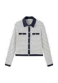 Camicia bianca a maniche lunghe con sottili righe orizzontali blu navy, colletto blu navy, chiusura frontale con bottoni e due tasche sul petto con bottoni.