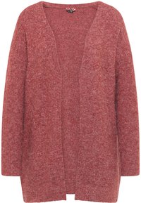 Cardigan cu mâneci lungi din tricot de un roșu-maroniu melanj, cu deschidere în față, având o croială lejeră, și o textură netedă, moale pe toată suprafața.