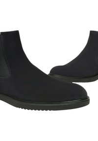 Un paio di stivali neri in suede alla caviglia con pannelli laterali elastici e suole in gomma basse, adatti per un look casual.