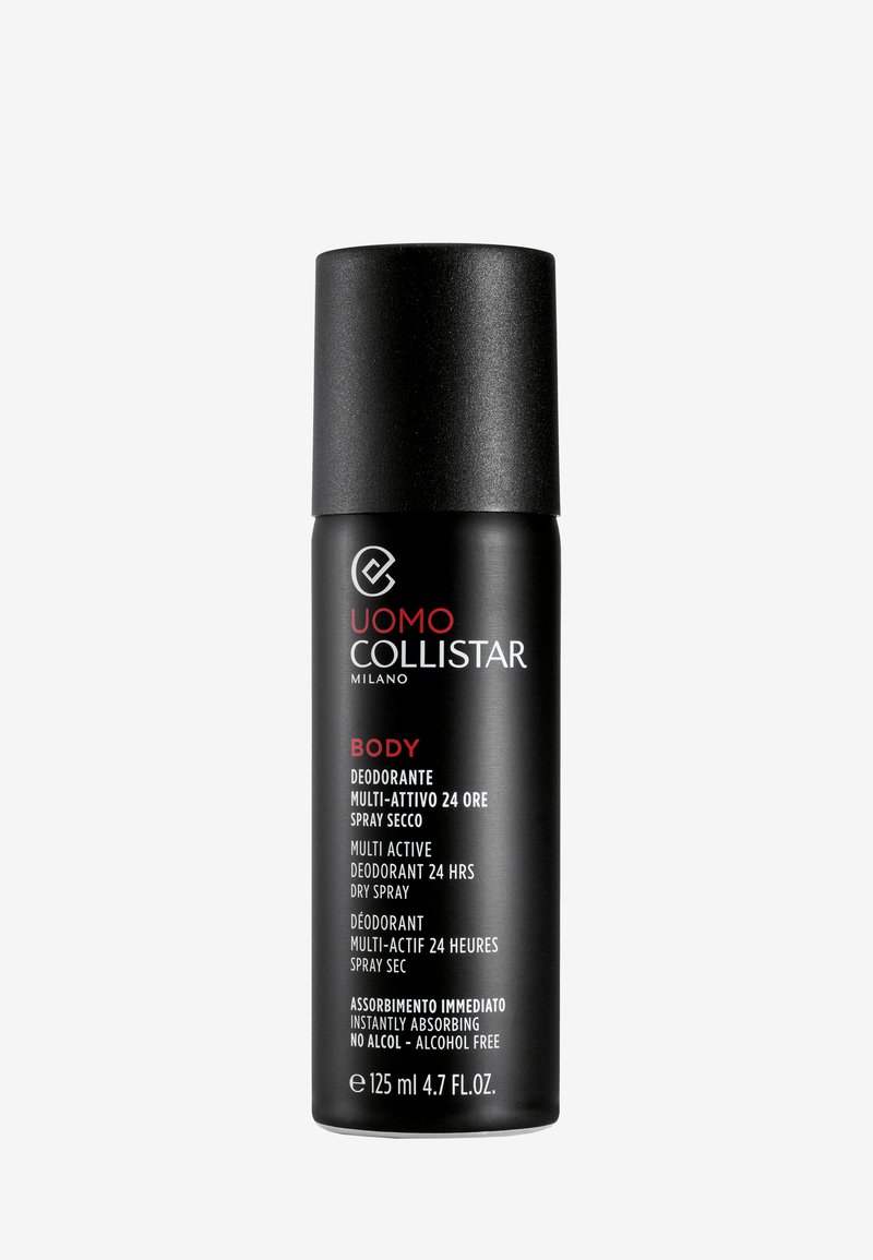 Black cylindrical spray can featuring the label "UOMO COLLISTAR MILANO," with white and red text. Cap has a matte finish, volume 125 ml.