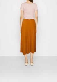 Haut rose pâle à manches courtes avec bords festonnés, associé à une jupe mi-longue plissée de couleur rouille. Le mannequin porte des chaussures de couleur crème.