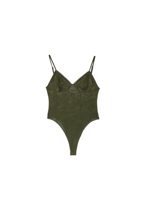 Body en dentelle vert foncé avec bretelles fines réglables et bonnets avec armatures, conçu pour un port ajusté.