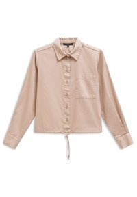 Beige verkürztes Hemd mit Knopfleiste, Kragen, langen Ärmeln, einer Brusttasche und einem Kordelzugsaum für eine verstellbare Passform. Glatte Stofftextur.