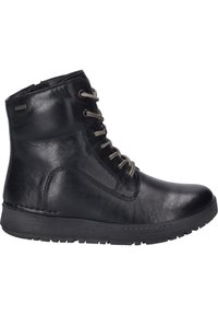 Stivaletti neri in pelle con una finitura liscia, dotati di occhielli metallici e lacci beige, e una suola in gomma nera texturizzata.