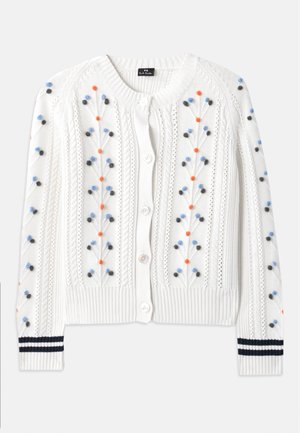 White knitted cardigan with multi-colored floral embroidery, featuring a ribbed hem and cuffs with navy stripes and button closure.