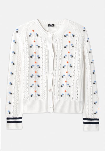 White knitted cardigan with multi-colored floral embroidery, featuring a ribbed hem and cuffs with navy stripes and button closure.