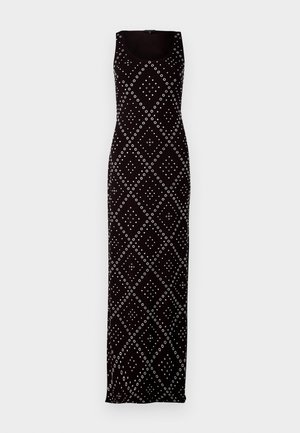 Black sleeveless maxi dress featuring white circular and diamond patterns. Made of smooth fabric with a fitted silhouette and scoop neckline.