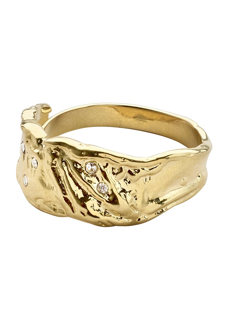 Gold ring with an irregular textured surface, adorned with small embedded clear gemstones on the band.