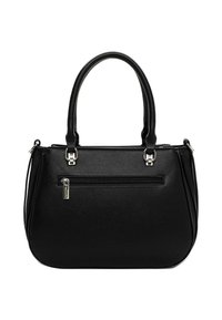 Juoda tekstūruota dirbtinės odos rankinė; turi dvi rankenas, priekinę kišenę su užtrauktuku ir sidabrinio atspalvio metalinius akcentus.