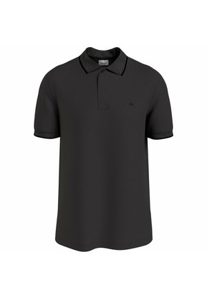 Black polo shirt made of smooth fabric, featuring a collar with a contrasting trim, short sleeves, and a small logo on the chest.