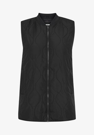 Svart ermeløs vest med quiltet mønster, rund hals, glidelås foran og to sidelommer. Glatt, lett stoff.