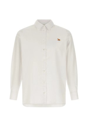 Camicia bianca a maniche lunghe con bottoni, colletto e piccola volpe marrone ricamata sul petto sinistro.