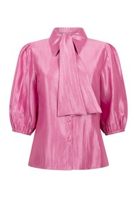 Pink satin blouse with a collar and front tie. Features puff sleeves and button closure at the hem. Smooth texture with a shiny finish.