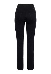 Zwarte jeans met een aansluitend ontwerp, elastische tailleband en twee achterzakken. Ze hebben een gladde textuur en een slim-fit silhouet.