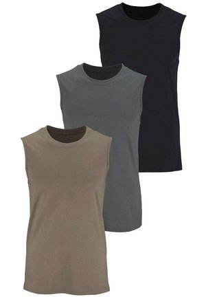 Drei ärmellose Baumwoll-T-Shirts in Dunkelgrau, Olivgrün und Schwarz. Jedes T-Shirt hat einen runden Halsausschnitt und eine glatte, einfarbige Textur.