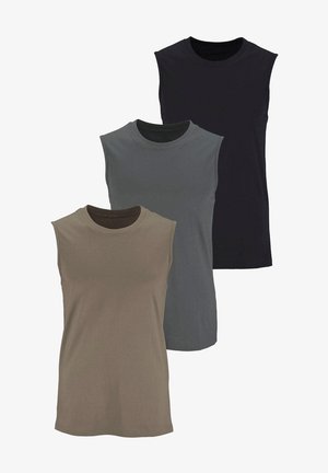 Three sleeveless cotton T-shirts in dark gray, olive green, and black. Each features a round neckline and a smooth, plain texture.