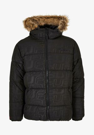 Fekete párnázott dzseki, elől cipzárral és műszőrme kapucnival. Diszkrét logómintával és rugalmas mandzsettákkal rendelkezik a szoros illeszkedés érdekében.