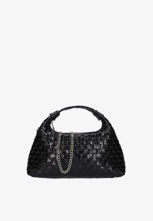 Black woven handbag featuring a smooth, shiny texture, structured shape, curved handle, and an additional silver chain for versatility.