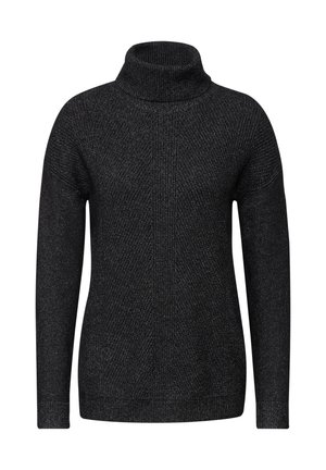Pull en col roulé noir avec un design texturé et côtelé, doté de manches longues et d'une silhouette ajustée. Aucun matériel ou motif visible.