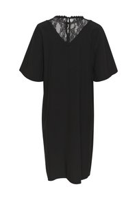 Schwarzes Kleid mit kurzen Ärmeln, V-Ausschnitt und Spitzenverzierung am Rücken. Aus glattem Stoff mit einer schlichten, fließenden Form gefertigt.