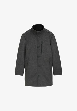 Manteau en mélange de laine gris avec un col montant, des boutons à l'avant, une poche zippée et des poches latérales. Présente une texture lisse et une coupe ajustée.