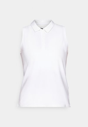 Bela brezrokavna polo majica iz gladkega materiala; vsebuje klasičen ovratnik in pet gumbov, z oprijetim krojem.