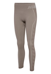 Leggings marroni a costine con una vita alta e accenti bianchi laterali che presentano un motivo a zigzag. Realizzati in tessuto elasticizzato per garantire comfort.