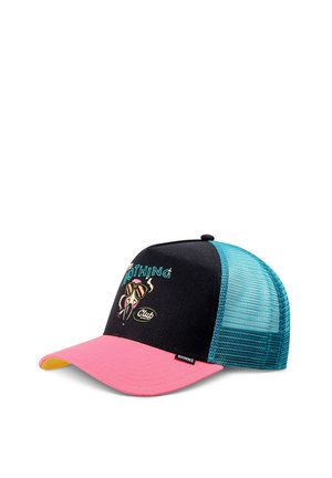 Black and turquoise mesh cap with pink brim, front graphic of fly with sunglasses, and "Nothing Club" text embroidered in blue and yellow.