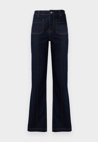 Jeans évasés bleu foncé en denim, dotés d'une taille haute, de deux poches arrière et de coutures visibles le long des coutures.
