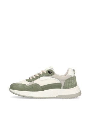 Low-top sneaker in white and sage green suede and mesh with textured heel, lace-up closure, and thick white sole.