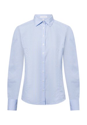 Himmelblaues Karierthemd aus Baumwolle, mit einem Button-Down-Kragen, langen Ärmeln und einer taillierten Passform mit einer glatten Textur.