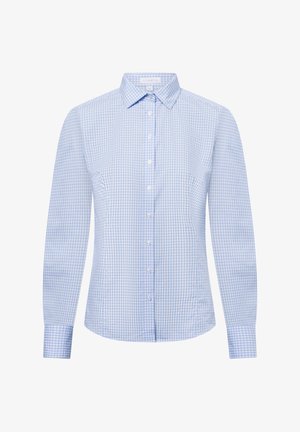 Himmelblaues Karierthemd aus Baumwolle, mit einem Button-Down-Kragen, langen Ärmeln und einer taillierten Passform mit einer glatten Textur.