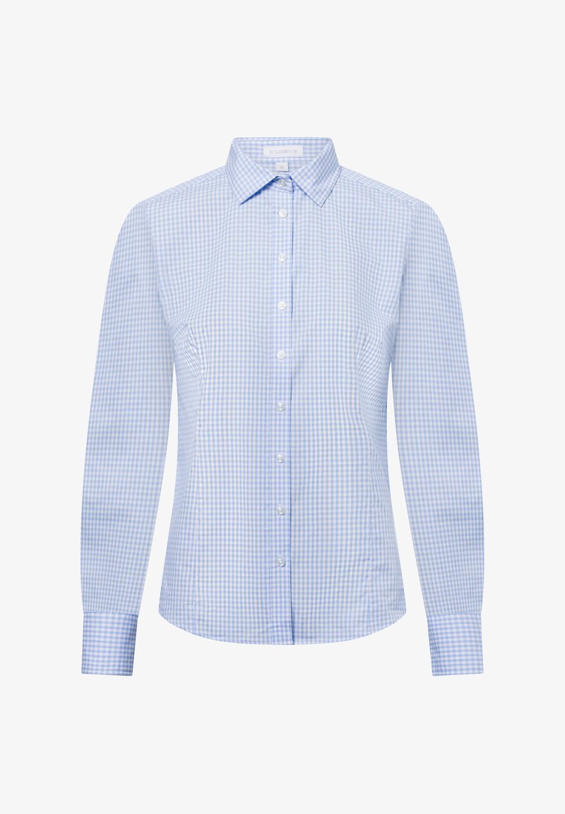Jasnoniebieska koszula w kratkę wykonaną z bawełny, z kołnierzykiem zapinanym na guziki, długimi rękawami i dopasowanym krojem o gładkiej fakturze.