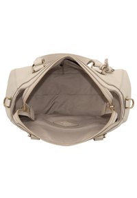 Sac à main en cuir beige avec fermeture éclair, intérieur spacieux, doublure en tissu doux et accents de quincaillerie dorée.