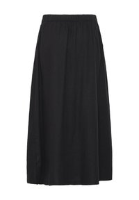 Jupe midi noire avec taille élastique et coupe droite ample, en tissu léger.