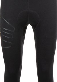 Svarta leggings med en slät textur, med en cirkulär patch bak och subtila grå ränder på vänster ben.